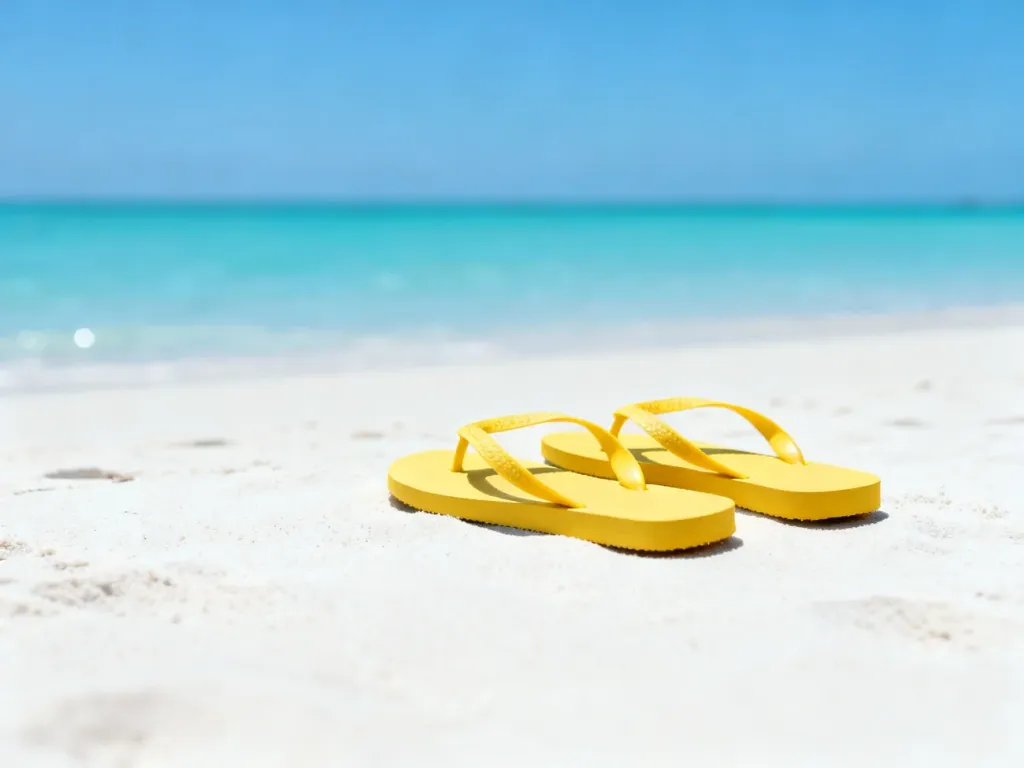 Żółte klapki na piaszczystej plaży z widokiem na turkusowy ocean, symbolizujące letni wypoczynek.