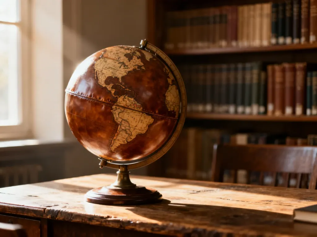 Zabytkowy globus na drewnianym biurku w bibliotece, symbolizujący naukę o państwach i geografii świata.