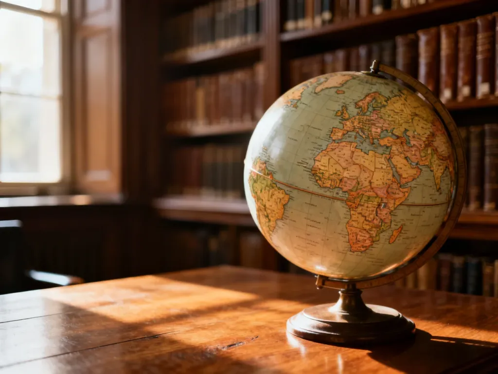 Zabytkowy globus z widocznym kontynentem europejskim na drewnianym biurku w bibliotece.